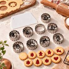 9pcs Christmas Theme Mini Stainless Steel Cookie Cutter Set, Small Hollow Cookie Cutters With Wavy Edges In Heart, Star, Christmas Tree And Gingerbread Man Shapes, Suitable For Making Jam-Filled Cookies - View 9