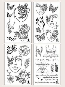 4PCS Creative Floral Butterfly Human Face Bird Pattern Party Gift Holiday Gift DIY Music Festival Temporary Tattoo Stickers For Arm Shoulder Neck Collarbone Waterproof Body Skin - Black - View 7