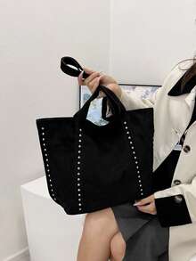 Yogodlns Large Capacity Suede Tote Bag With Rivet Decor Textured Handbag, Commuter Shoulder Bag, Casual Winter Underarm Bag - Black - View 2
