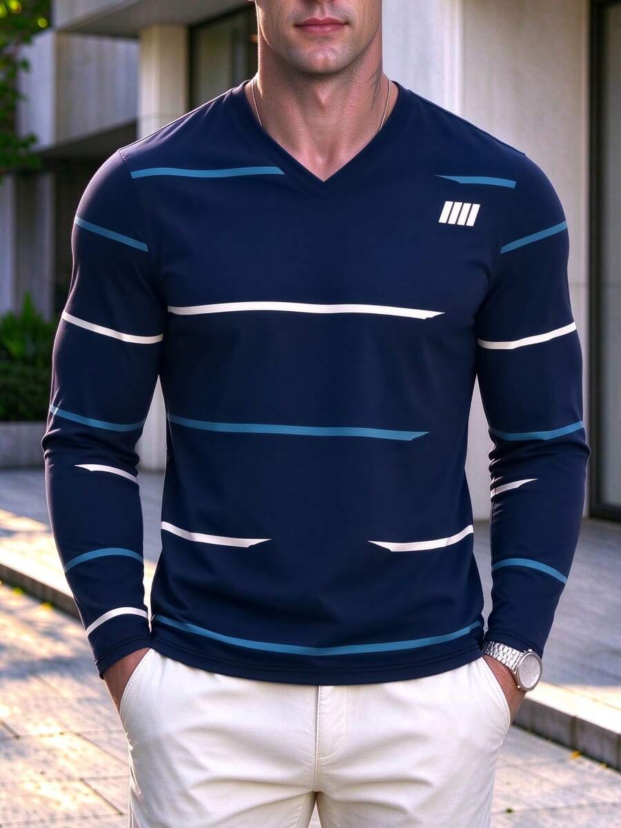 Men's Autumn Casual Streetwear Soft Knit V-Neck Long Sleeve T-Shirt, Navy Blue Striped Slim Fit, Everyday Urban Streetwear Top - Multicolor - View 1