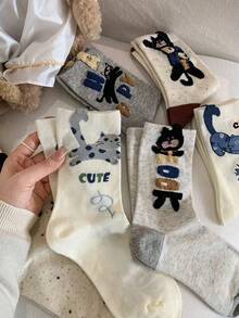 1/4/8 Pairs Women's Cartoon Cat Mid-Calf Socks, With Cute Letter Print, Ins Style Versatile Socks - Multicolor - View 1