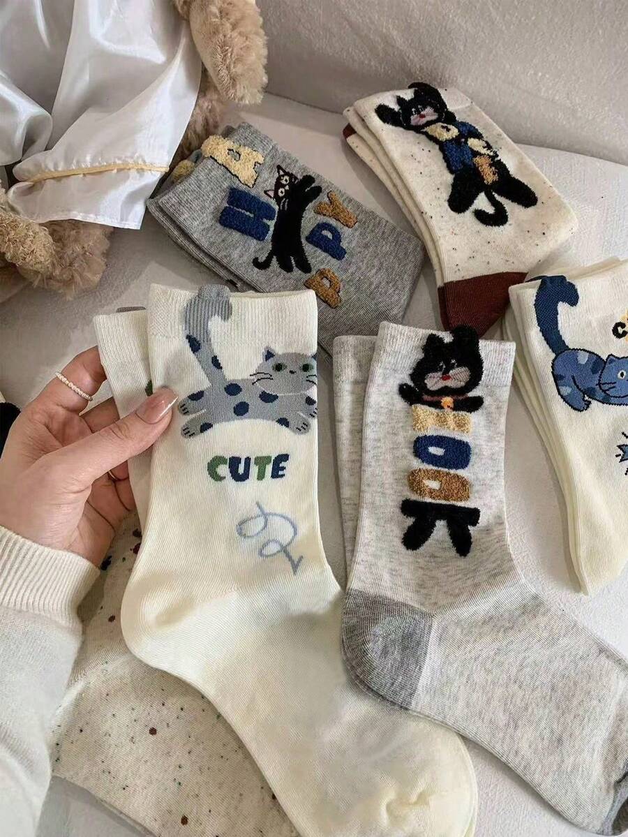 1/4/8 Pairs Women's Cartoon Cat Mid-Calf Socks, With Cute Letter Print, Ins Style Versatile Socks - Multicolor - View 1