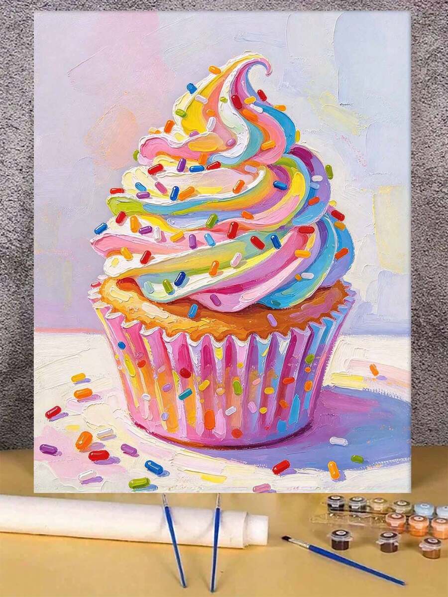 Adult & Beginner Digital Oil Painting Kit, Cupcake, Easy Acrylic Painting Supplies (Includes Brushes & Paints), Suitable For Home Decor, Ideal Gift For Holiday.
