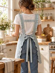 1PC Custom Embroidered Striped Apron With Ruffle Straps And Front Pocket, Personalized Name Kitchen Apron For Cooking Baking, Ideal Holiday Gift For Mom Wife Family Members For Home Daily Use. - Multicolor - View 8