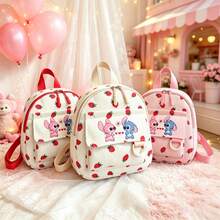 Disney Cute Stitch & Angel Strawberry Print Mini Backpack, Soft Girl Style Front Pocket Corduroy Small Backpack, Lightweight Cartoon Casual Carry Bag For Daily Outings, Suitable For Daily Walks, Picnics, Short Trips, Excellent Gift For Cartoon Lovers - A - View 1