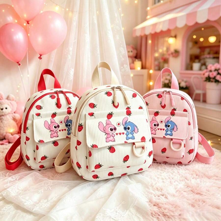 Disney Cute Stitch & Angel Strawberry Print Mini Backpack, Soft Girl Style Front Pocket Corduroy Small Backpack, Lightweight Cartoon Casual Carry Bag For Daily Outings, Suitable For Daily Walks, Picnics, Short Trips, Excellent Gift For Cartoon Lovers - A - View 1