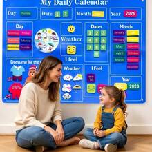 Felt Daily Cognitive Calendar Board, Weather, Emotion, Outfit Magnetic Learning Teaching Aid, Multi-Module Time & Season Interactive Learning Board - Blue - View 2