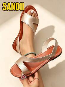 Half Size Up Fashionable Comfortable Women's Casual Slip-On Flat Solid Color Versatile Sweet Minimalist Sandals - Rose Gold - View 1