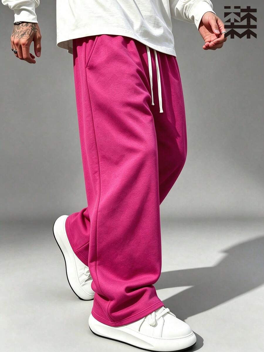 mulinsen Men's White Wide Leg Drawstring Waist Sweatpants; Street Style, Loose Straight Leg, Fluid Drape - Hot Pink - View 1