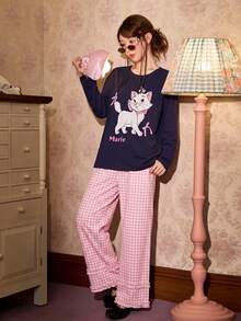 Gongdie 2pcs Disney Marie Women's Pajama Set, Autumn Pink Plaid Soft Cotton Loungewear With Pockets And Ruffle Trim - Royal Blue - View 1