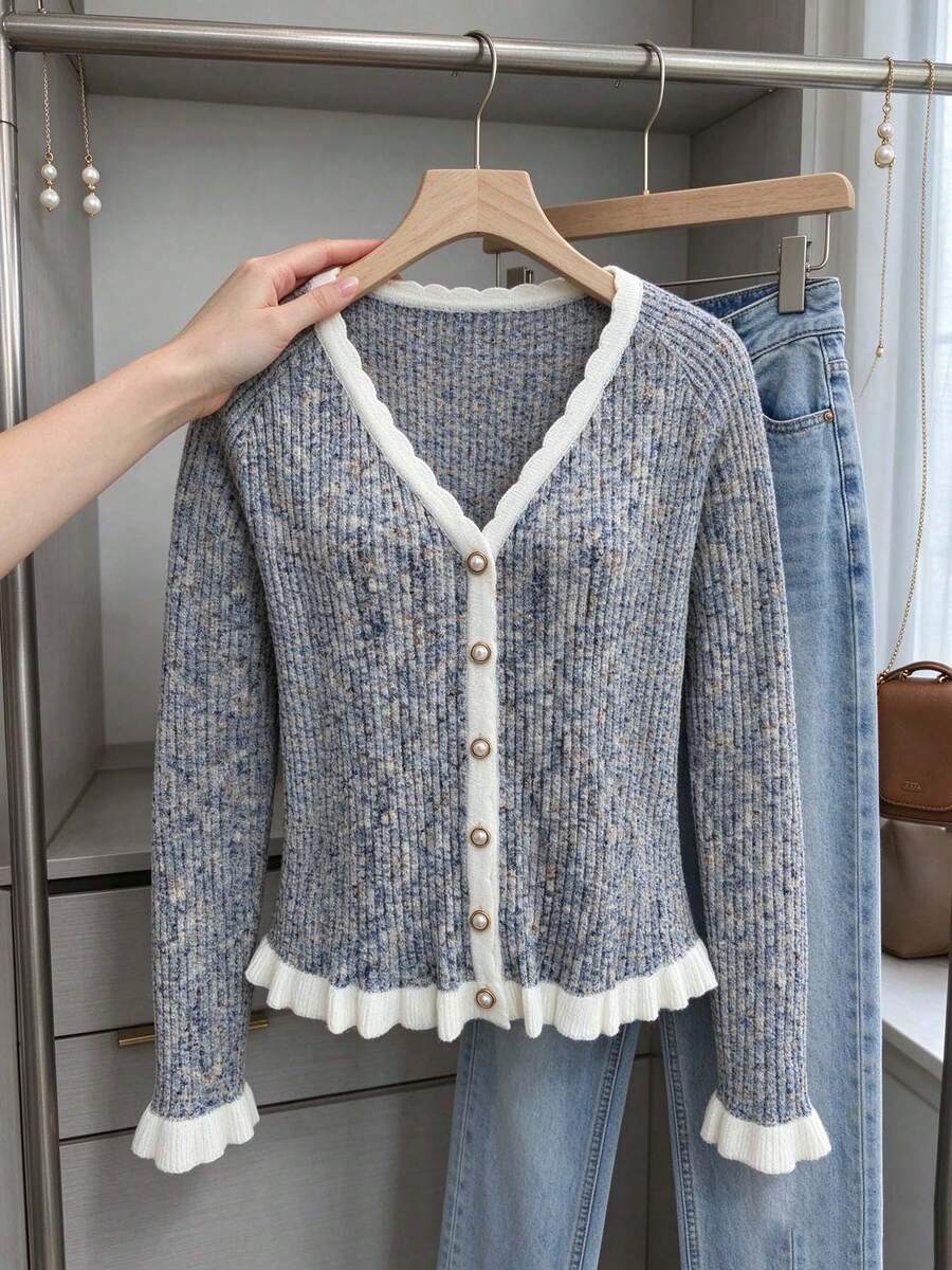Cárdigan de punto acanalado con cuello en V para mujer, suéter de manga larga acampanada con ajuste ceñido y ribete festoneado - Gris - Ver 1