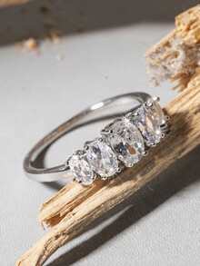 1Pc Silver Women Row Stone Ring Elegant Style With Synthetic Zirconia For Wedding Banquet Party No Box. - Silver - View 2