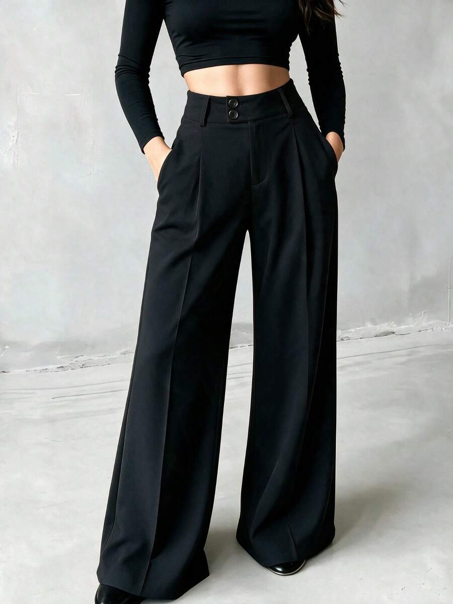 High Waist Double Button Pleated Wide Leg Suit Pants With Pockets, Commuter Office Style - Black - View 1