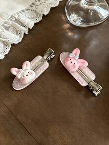 2PCS Cute Rabbit Hair Clips, Girly Pink Plaid Bow Alligator Hair Clips, Fresh Glitter Side Clips, Cartoon Bangs Clips - Multicolor - View 5