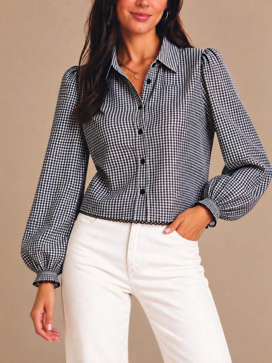 Women's Black White Gingham Puff Sleeve Cropped Shirt, Collared Front Button, Scalloped Trim Hem & Cuffs, Spring Autumn For Office Vacation Daily Wear - Black and White Checkered - View 1