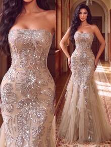 Women's Sequin Long Mermaid Evening Gown, Strapless Neckline, Contrast Mesh Detail, Elegant Party Dress - Champagne - View 1