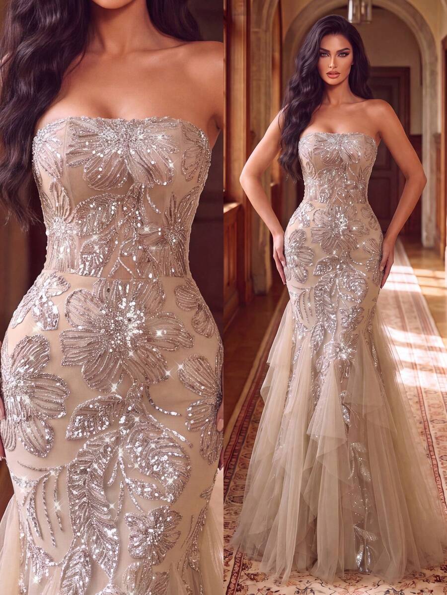 Women's Sequin Long Mermaid Evening Gown, Strapless Neckline, Contrast Mesh Detail, Elegant Party Dress - Champagne - View 1
