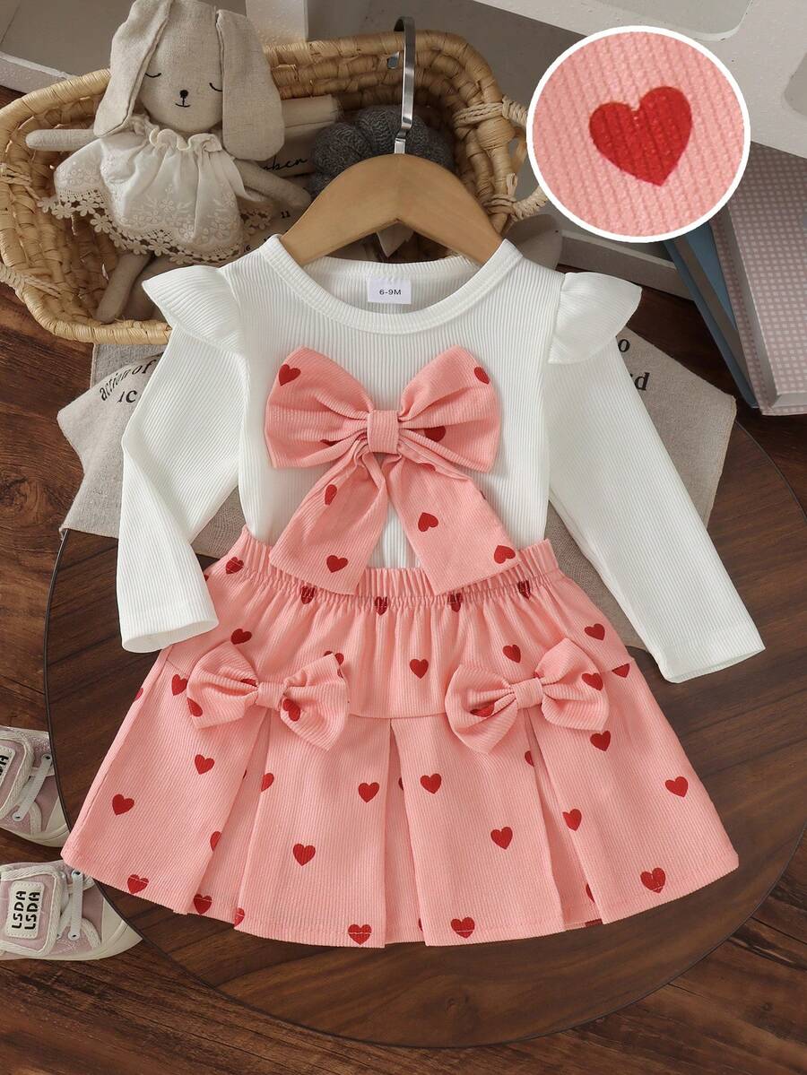 2pcs Baby Girl Cute Preppy Style Ribbed Long Sleeve Top + Heart Print Corduroy Skirt Set, Thin For Spring/Autumn - Coral Pink - View 1