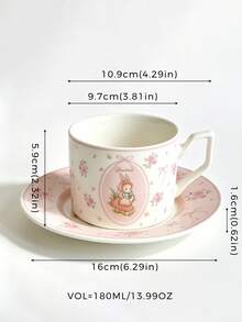 DearDali 1pc French Country Pink Rabbit & Floral Ceramic Cup And Saucer Set, Vintage Print, Highly Attractive Coffee Cup, Suitable For Breakfast Milk, Afternoon Tea, Home Gathering, Cafe, Fun Gift Cup For Friends - Multicolor - View 6