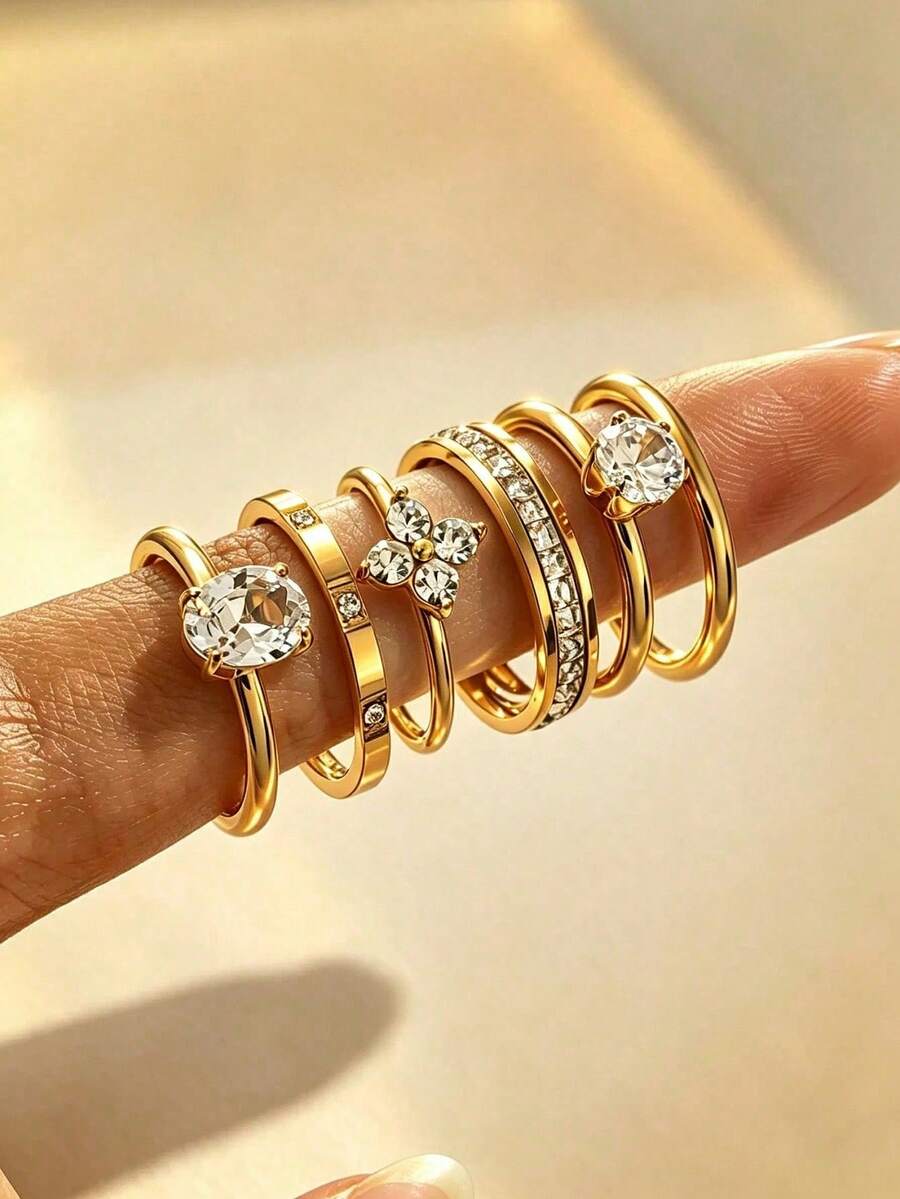 18K Gold Plated Stainless Steel Ring Set, Stackable Rings, Clover, Ins Style, Waterproof Jewelry, Elegant Rings, Gemstone Rings, Gold Set Jewelry