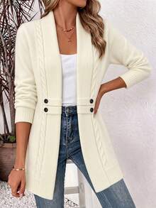 Women Solid Shawl Collar Knit Cardigan Cozy Cable Knit Open Front Sweater With Decorative Buttons Mid-Length Fall Winter Outerwear - Apricot - View 7