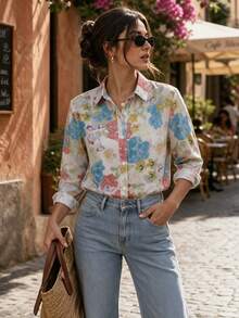 Women's Floral Print Loose Turndown Collar Button Shirt, Elegant Casual Short Sleeve Blouse, Suitable For Spring/Summer Office And Daily Wear Vacation - Green + Blue - View 1