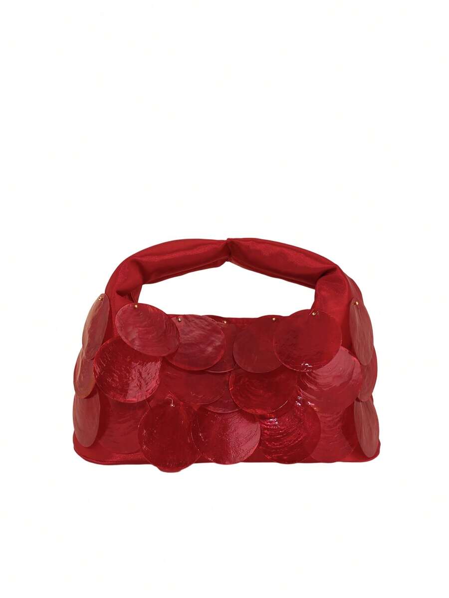 LJDCRFT Orange Shell Decor Cloud Clutch, Premium Satin Evening Bag, Y2K Inspired Orange Shell Decor Satin Cloud Clutch, Cute Rainbow Color Evening Bag With Foldable Handle, Suitable For Gen Z Girls Handbag - Red - View 1
