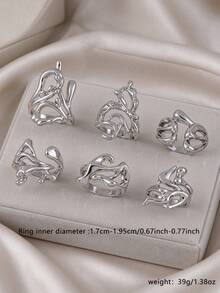 6pcs Vintage Punk Asymmetrical Water Drop Shaped Ring Set, Stackable And Mixable, Suitable For Women's Date, Party, Gathering - Silver - View 2