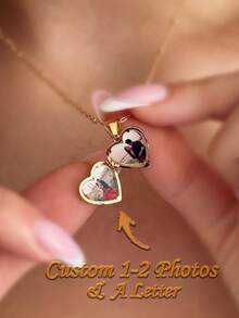 Personalized Heart Photo Engraving Letter Locket Necklace Custom Engraved Locket With Two Pictures Memory Gift For Her/Mom - Multicolor - View 2