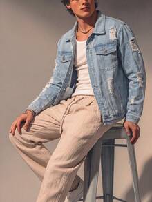 Men's Vintage Light Wash Distressed Denim Jacket, Y2K Lapel Front Button Back Hollow Out Large Ripped Frayed Long Sleeve Button-Up Cardigan Denim Jacket - Light Wash - View 3