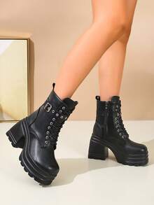 Women's Fashion Belt Buckle Side Zipper Metal Eyelet Ankle Boots - Black - View 2