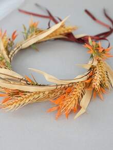 1pc Faux Grain Leaf Floral Crown Headband With Ribbon Tie Boho Bridal Wedding Beach Photo Props Hair Accessories - Orange - View 3