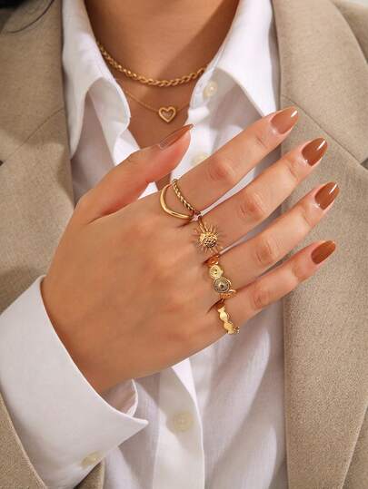 4pcs Stainless Steel Gold Personalized Fashion Elegant Geometric Sun Oval Ring Set, Suitable For Women's Daily, Holiday, Shopping Wear
