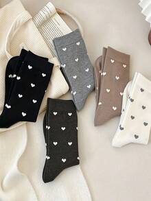 5/10 Pairs Women's Heart Print Mid-Calf Socks, Aesthetic - Multicolor - View 2