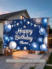 Customizable Name Happy Birthday Banner Backdrop, Blue Flag Background Decoration With Balloons, Shiny Crown, Stars And Sparkling Fireworks Design, Birthday Party Cake Table Decoration, Photography Banner Prop, Vinyl Material, Photo Booth Backdrop - Blue - View 5