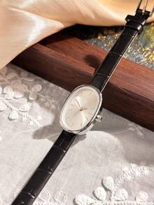 1pc Women's PU Strap Long Oval Minimalist Bar Index Vintage Premium Luxury Quartz Watch - Silver - View 3