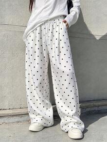 Women's Wide Leg Pants, Summer New Elastic Waist Drawstring Loose Polka Dot Pattern, With Pockets, Casual Lightweight Breathable Lazy Daily Long Pants - White - View 9