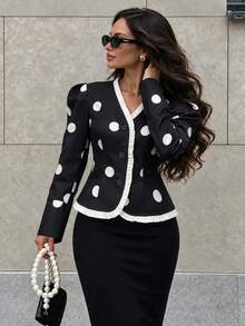 minisummer Women's Polka Dot Short Jacket, V-Neck Ruffle Trim Petal Sleeve Single-Breasted Sweet Autumn Short Coat - Black and White - View 1