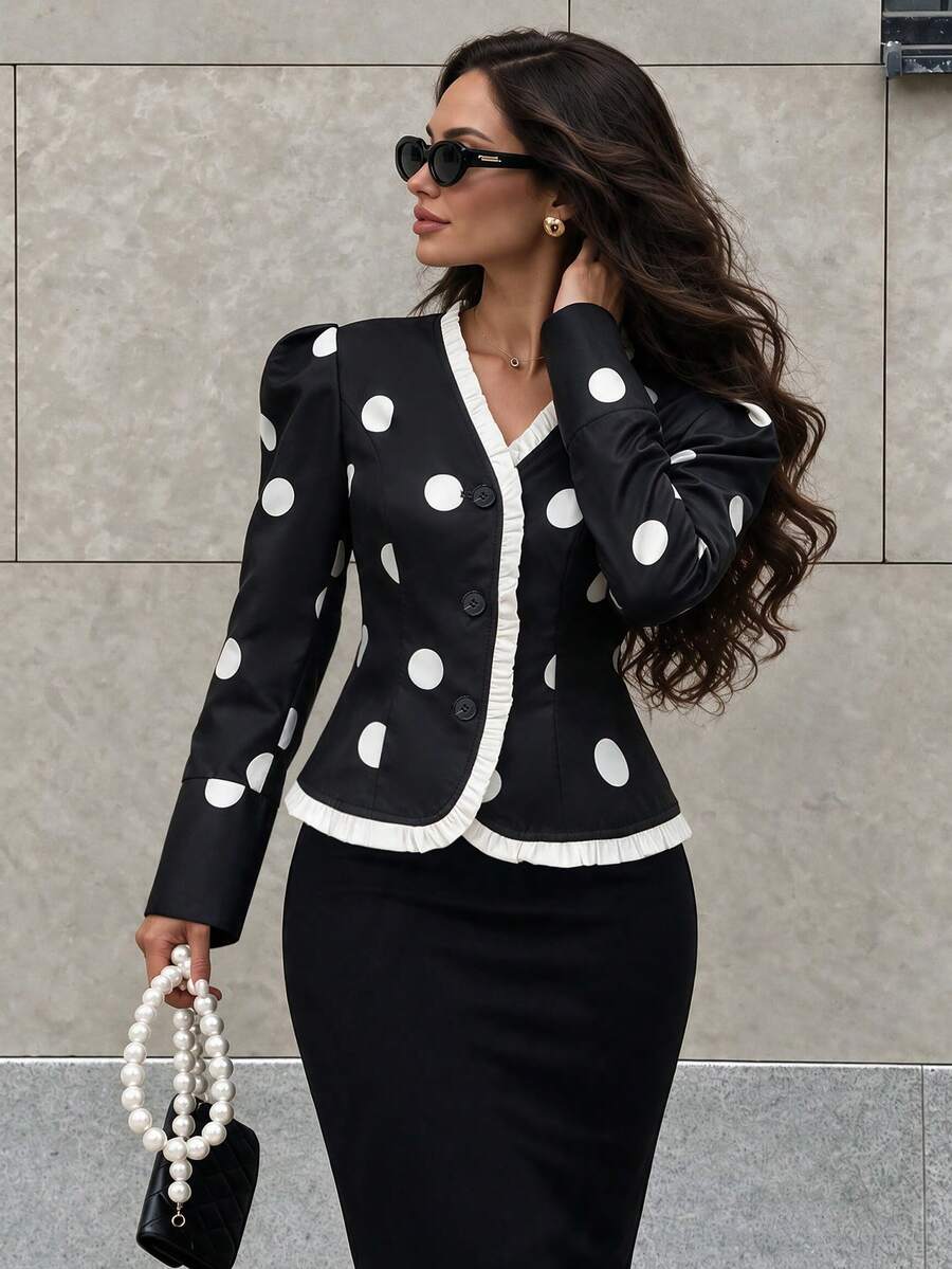 minisummer Women's Polka Dot Short Jacket, V-Neck Ruffle Trim Petal Sleeve Single-Breasted Sweet Autumn Short Coat - Black and White - View 1