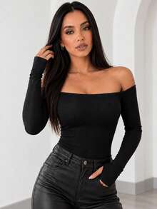 ChicMe 女士露肩长袖修身纯色基础款衬衫，休闲日常优雅春季黑色款 - 黑色 - 查看 1