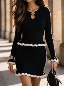 Women's Ribbed Ruffle Trim Peplum Sweater & Bodycon Mini Skirt Co-Ords, Fall Sophistication Set - Black - View 1