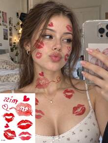 Kiss Print Temporary Tattoos For Women, Waterproof Lip & Heart Tattoo Stickers, Long-Lasting Red Pink Lipstick Body Art For Face, Neck, Chest, Party, Festival, Date Night & Photo Props - Multicolor - View 11