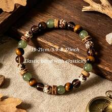 Handmade Natural Beaded Bohemian Style Bracelet, Featuring Tiger Eye, Green Agate And Wooden Beads - Adjustable Elastic Design, Suitable For Daily Wear, Camping, Office Use - Unisex, Versatile Neutral Style For All Seasons - Multicolor - View 6