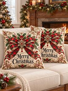 shangxia 2 cái vỏ gối sofa họa tiết in chữ Merry Christmas và nơ kẻ caro đỏ phong cách vintage, trang trí lễ Giáng sinh (không kèm ruột gối) - Nhiều màu - Xem 9
