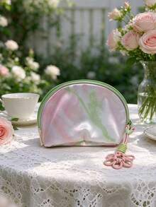Bolsa de Maquiagem em Meia-Lua de Cetim Tie-Dye Rosa-Verde Pastel, Bolsa de Armazenamento de Cosméticos com Zíper e Borla de Nó Chinês, Organizador Portátil para Viagem e Uso Diário, Presente Fofo de Feriado e Aniversário para Mulheres, L'occitane - Rosa Bebê - Visão 1