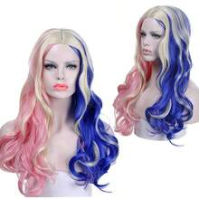 Pink And Blue Women's Wig, Middle Part Medium Length Short Curly Hair Wig, Natural Synthetic Hair, Suitable For Daily Wear/Party (Pink And Blue), Halloween - Ombre - View 8