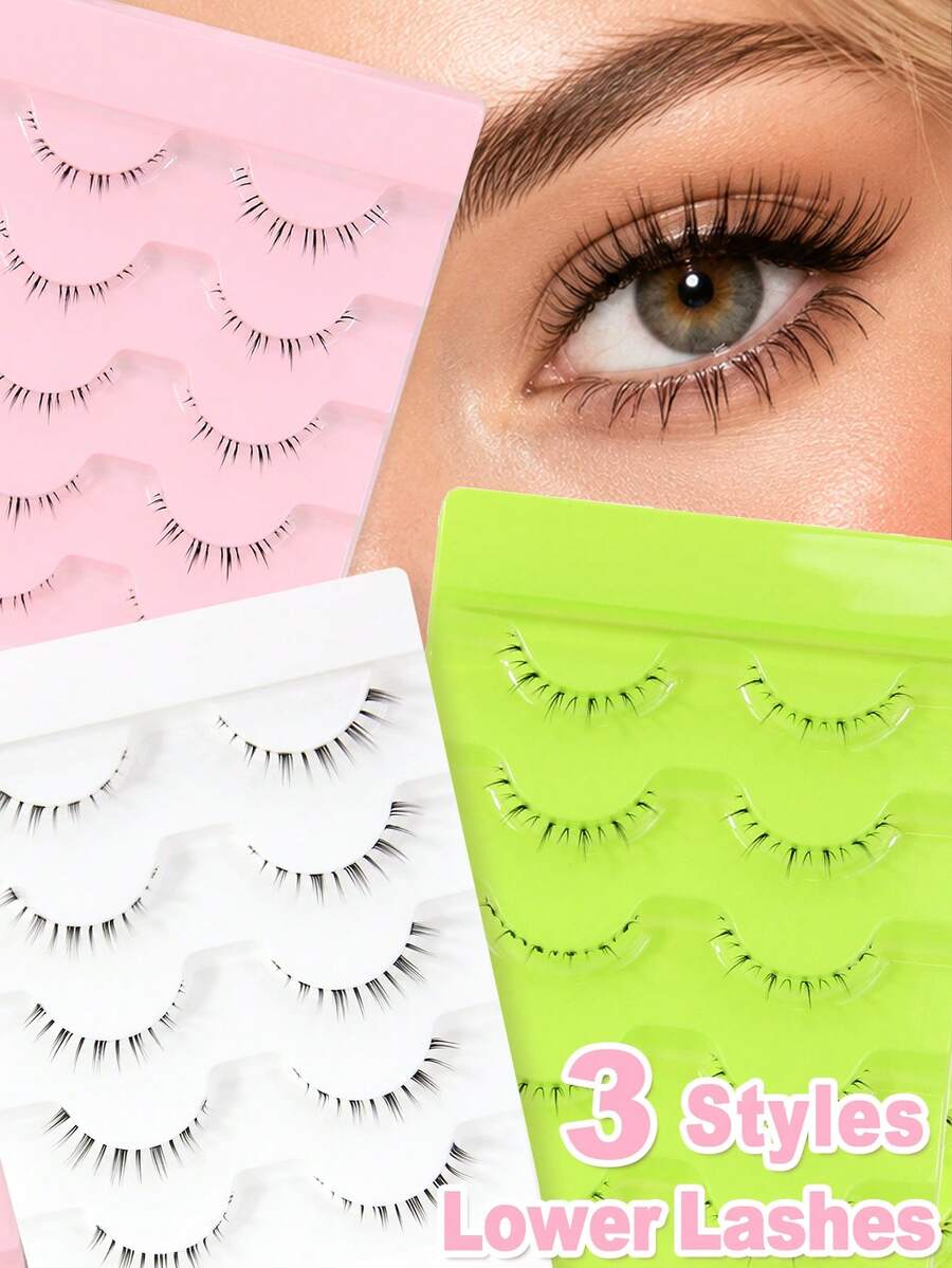 5 Pairs Clear Band Lower Lashes, 3 Styles In Natural, Wispy & Voluminous Manga Look, Soft Lightweight & Comfortable, Bottom False Eyelashes, Easy To Apply For Beginners, Perfect For Daily, Cosplay, Party, Festival, Stage & Halloween Christmas Makeup