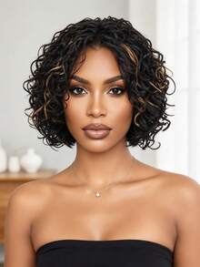 Ladies Short Afro Twist Braid Synthetic Wig, Ombre Highlight Curly Braided Wig, Lightweight Fluffy Braided Hair Wig For Daily & Festival - Multicolor - View 3