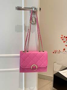 Faux Pearl Ring Decor Quilted Mini Square Bag, Women Chain Strap Flap Shoulder Crossbody Purse - Pink - View 7