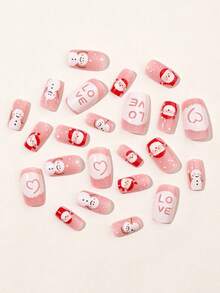 24pcs Winter/Christmas-Themed Press-On Nails Featuring Snowmen, Santa Claus, Snowflakes, And "LOVE" Lettering; Short Square Style. Suitable For Girls And Women For Christmas Parties And Winter Dates. - Multicolor - View 2